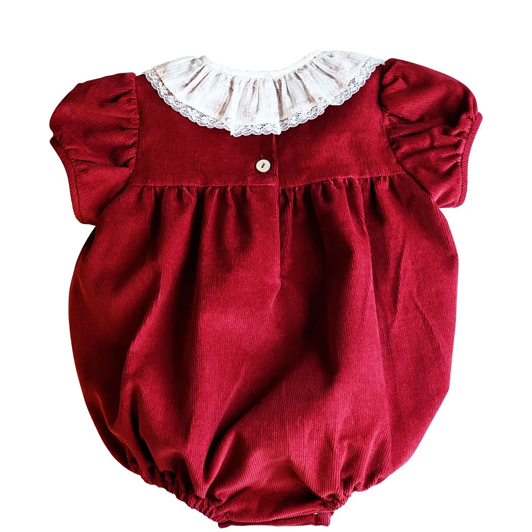 Avignon - Fall Burgundy Corduroy Collared Girl's Romper