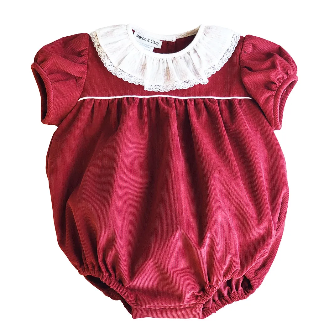 Avignon - Fall Burgundy Corduroy Collared Girl's Romper