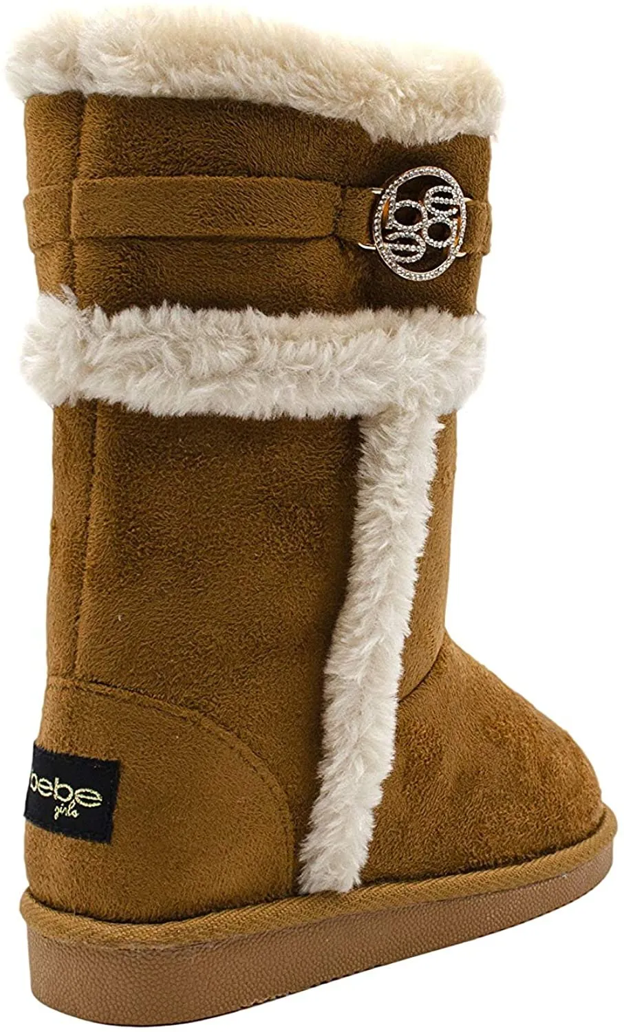 bebe Girls’ Big Kid Slip On Tall Microsuede Warm Winter Boots with Faux Fur Trim and Medallion