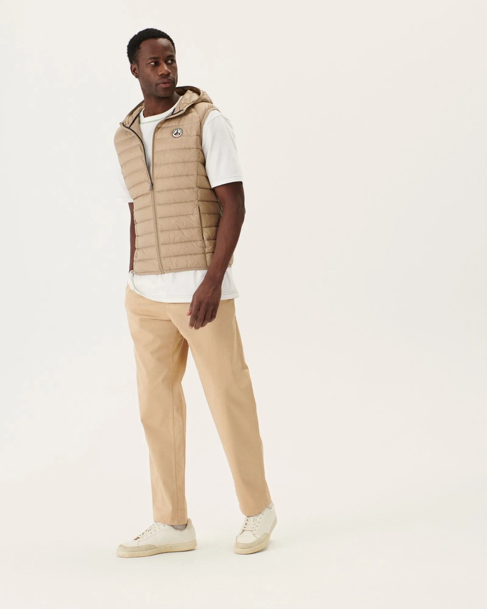 Beige Hooded sleeveless down jacket Pat