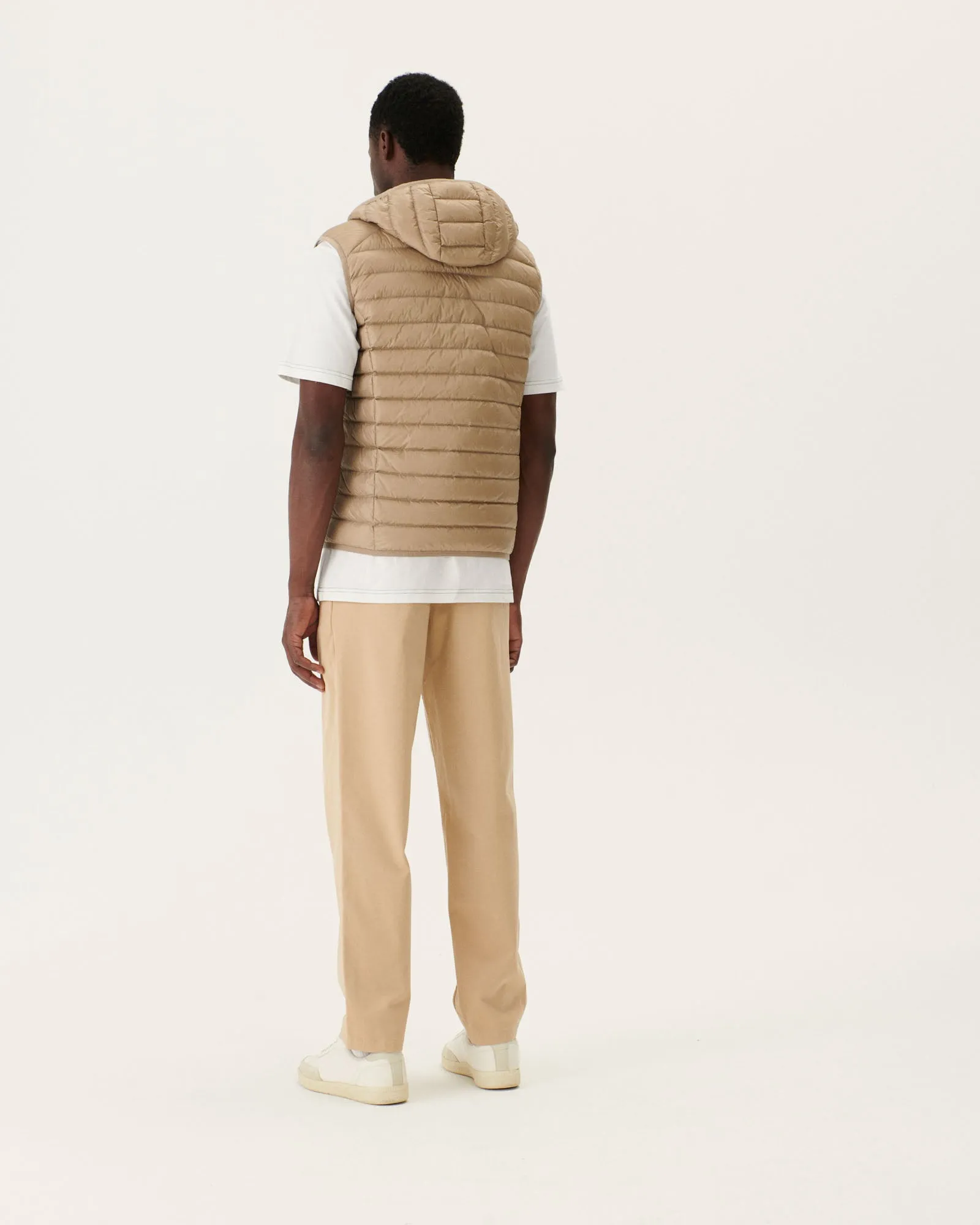 Beige Hooded sleeveless down jacket Pat