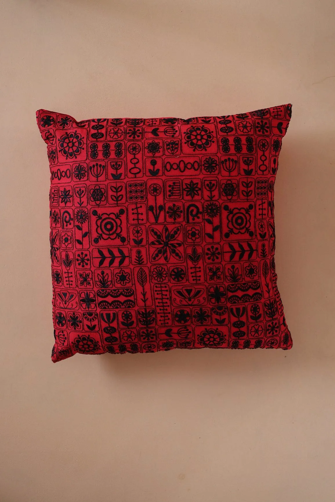 Black Cultural Embroidery on Red cotton Cushion Cover (16*16 inches)