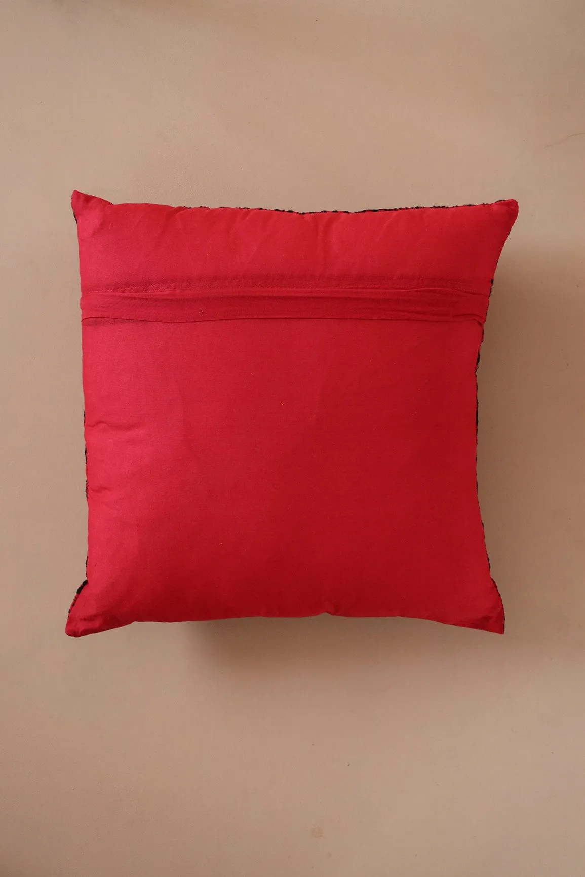 Black Cultural Embroidery on Red cotton Cushion Cover (16*16 inches)