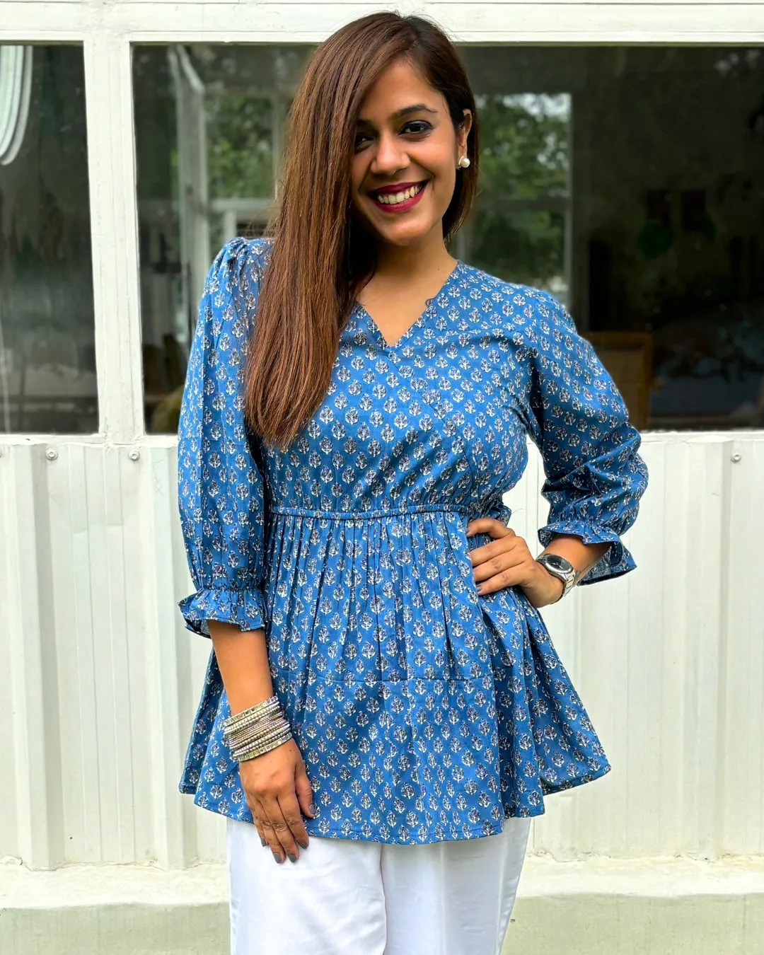 Blue Cotton Peplum Top