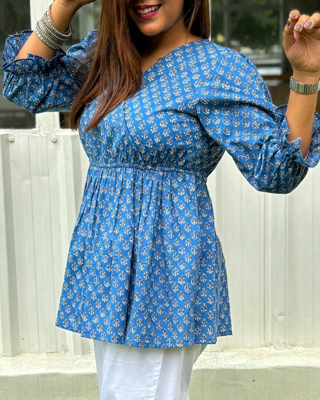 Blue Cotton Peplum Top