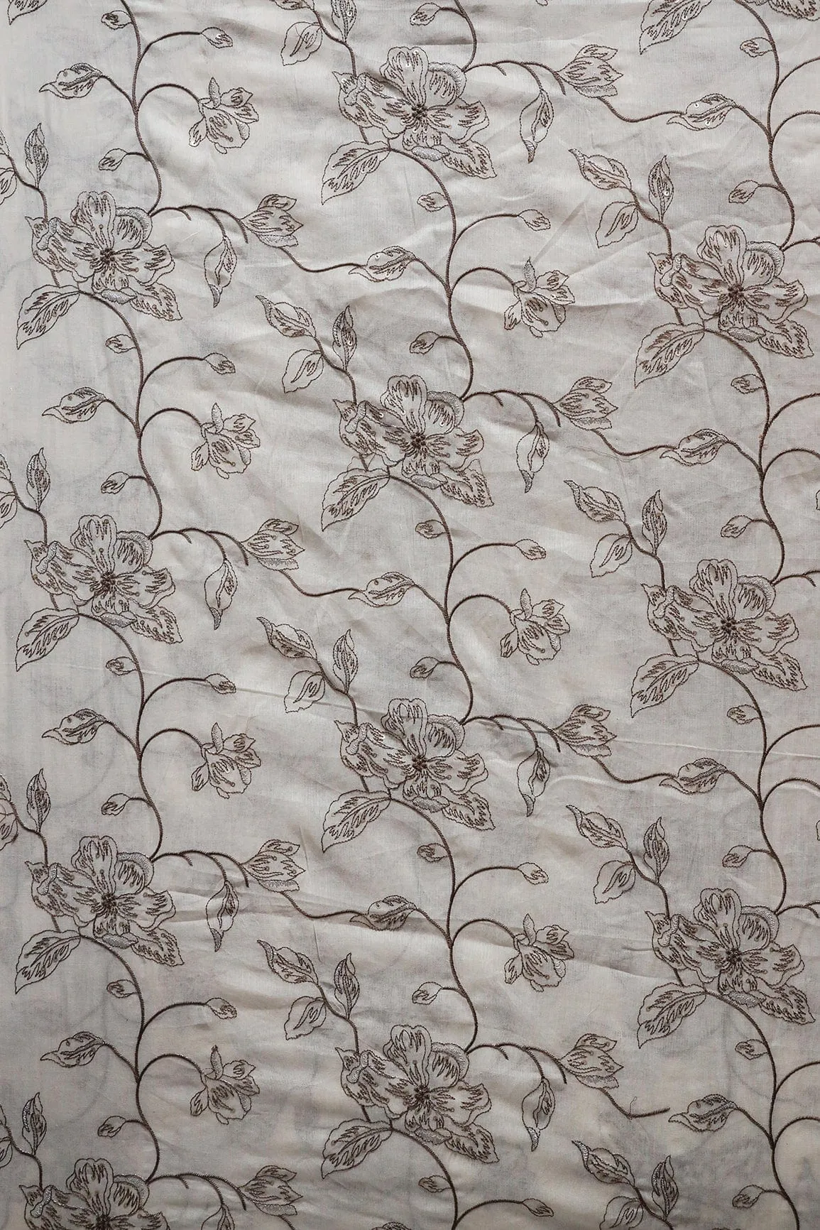 Brown Thread With Silver Sequins Floral Embroidery Work On Off White Organic Cotton Fabric