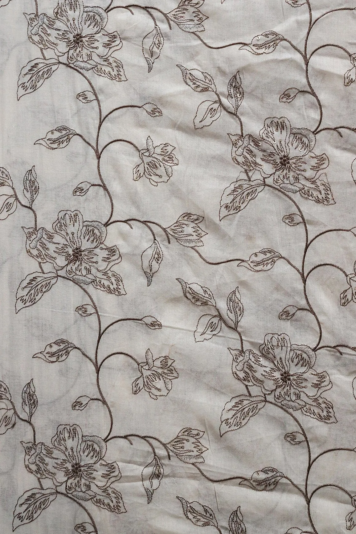 Brown Thread With Silver Sequins Floral Embroidery Work On Off White Organic Cotton Fabric