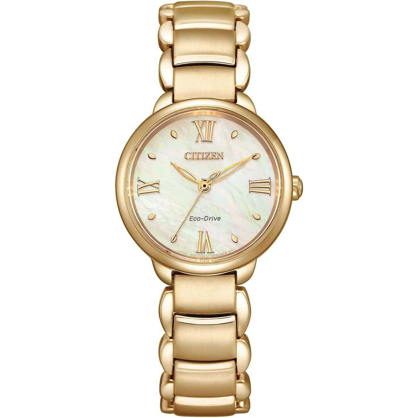 CITIZEN L ECO-DRIVE SOLAR WARM GOLD STRAP PEARL COLORED DIAL LADIES WATCH EM0929-81Y