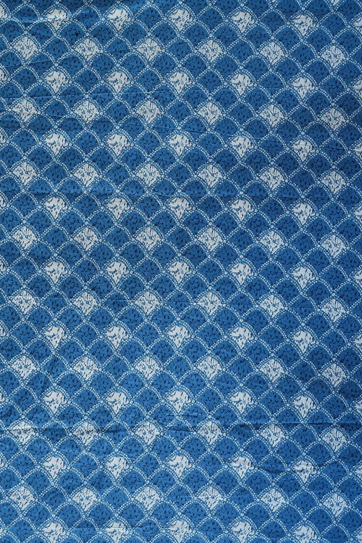 Cobalt Blue And White Trellis Pattern Print On Pure Cotton Fabric