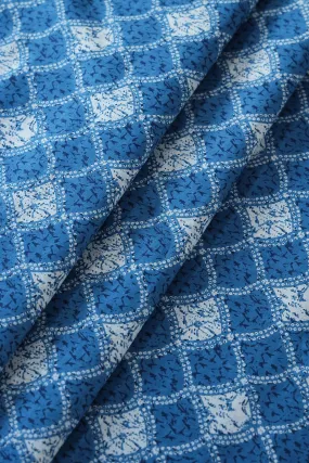 Cobalt Blue And White Trellis Pattern Print On Pure Cotton Fabric