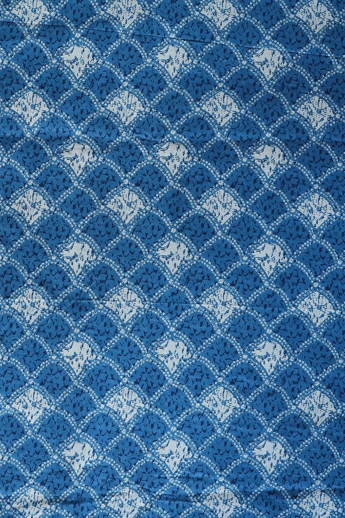 Cobalt Blue And White Trellis Pattern Print On Pure Cotton Fabric