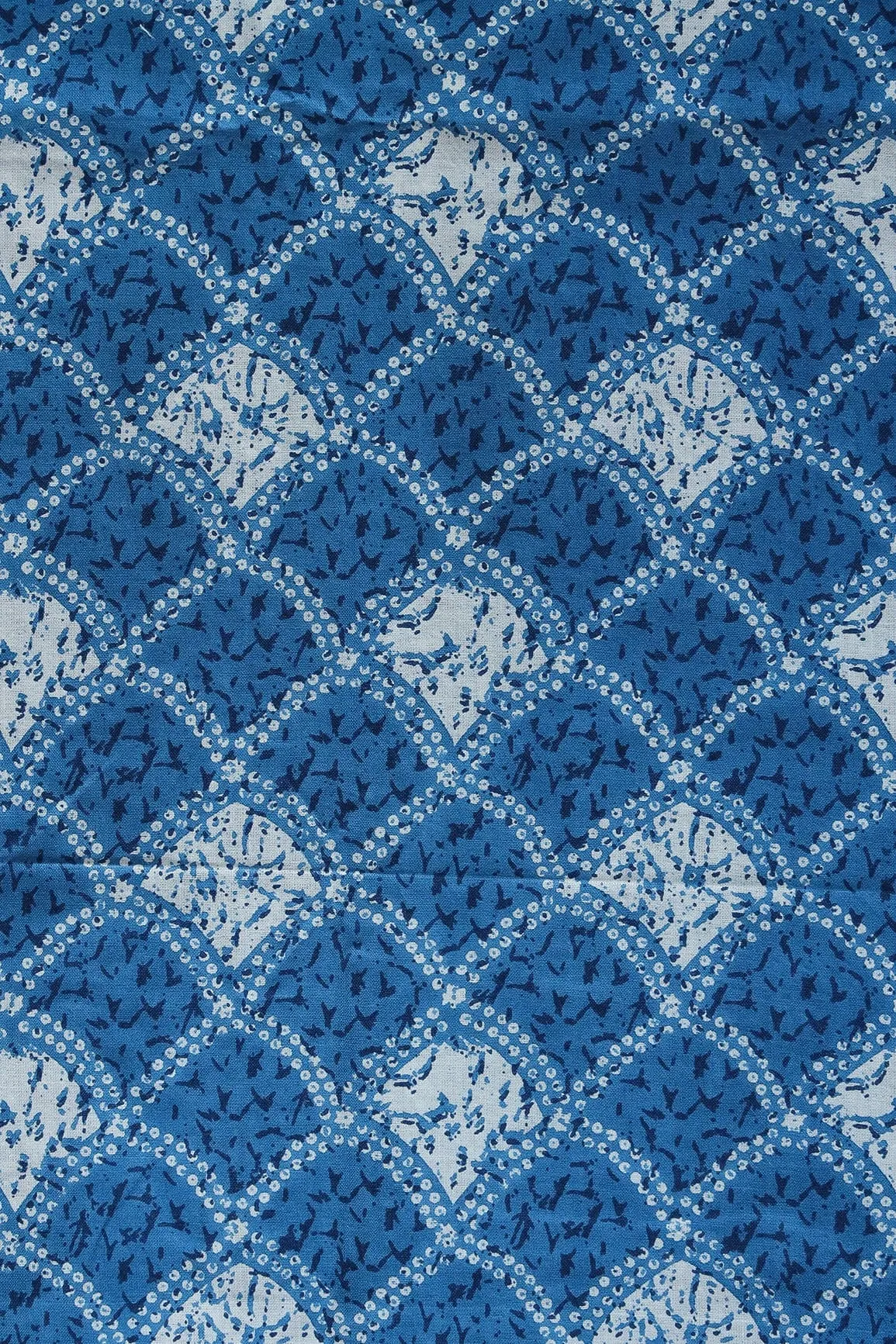 Cobalt Blue And White Trellis Pattern Print On Pure Cotton Fabric