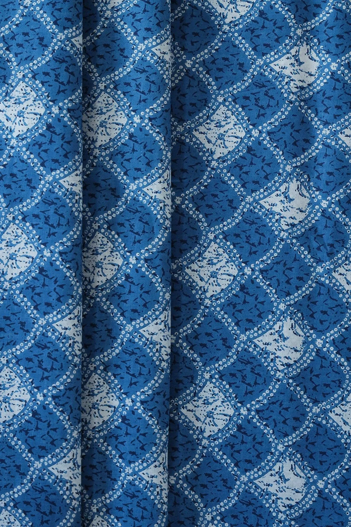 Cobalt Blue And White Trellis Pattern Print On Pure Cotton Fabric