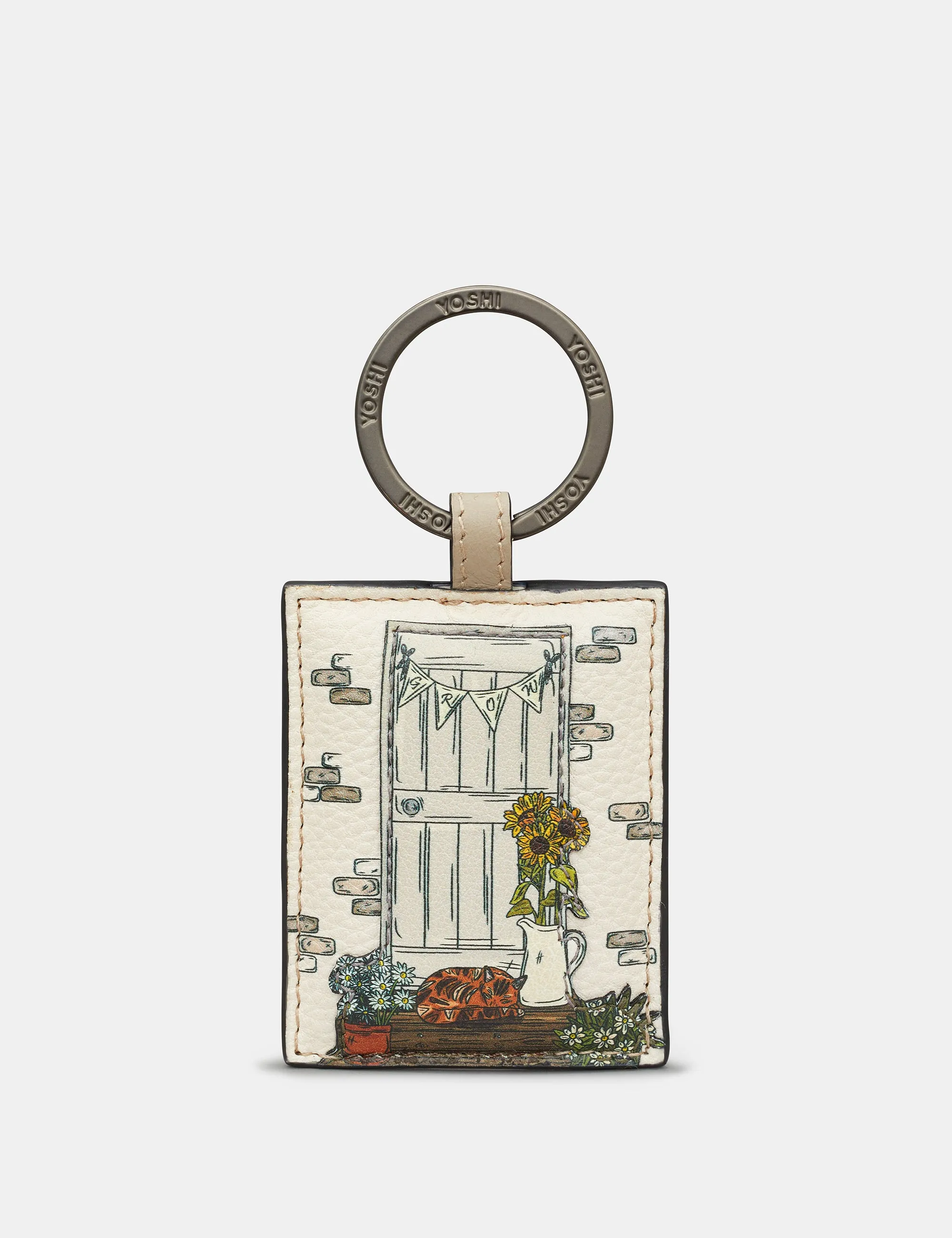 Country Cottage Doorway Warm Grey Leather Keyring