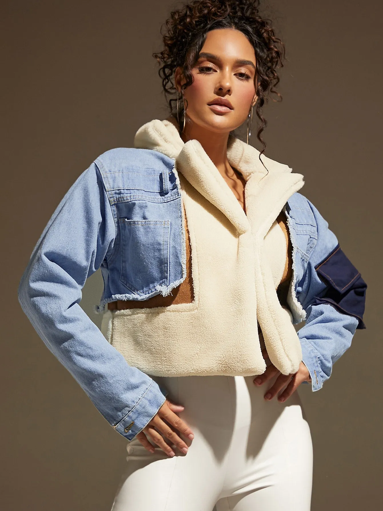 Denim Mix Media Cropped Winter Jacket