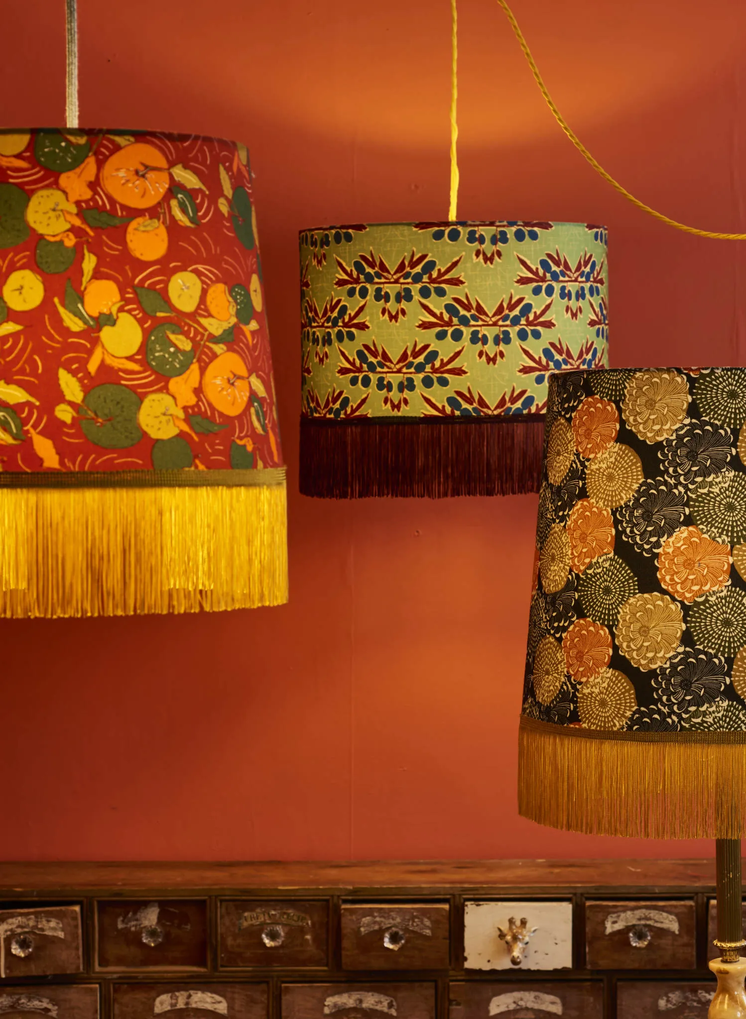 Drum Fringe Lampshade - Navy Autumn Leaves