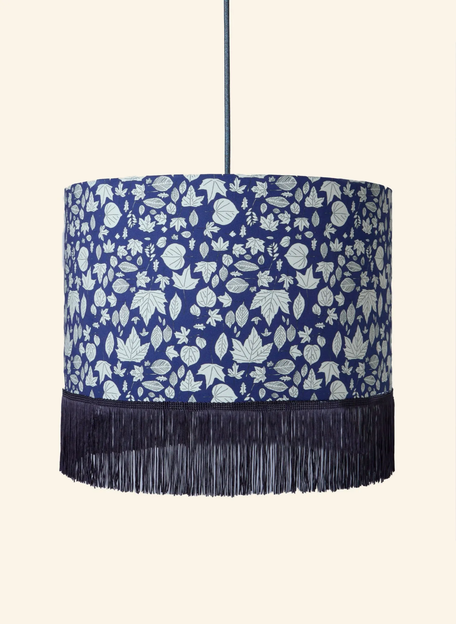 Drum Fringe Lampshade - Navy Autumn Leaves