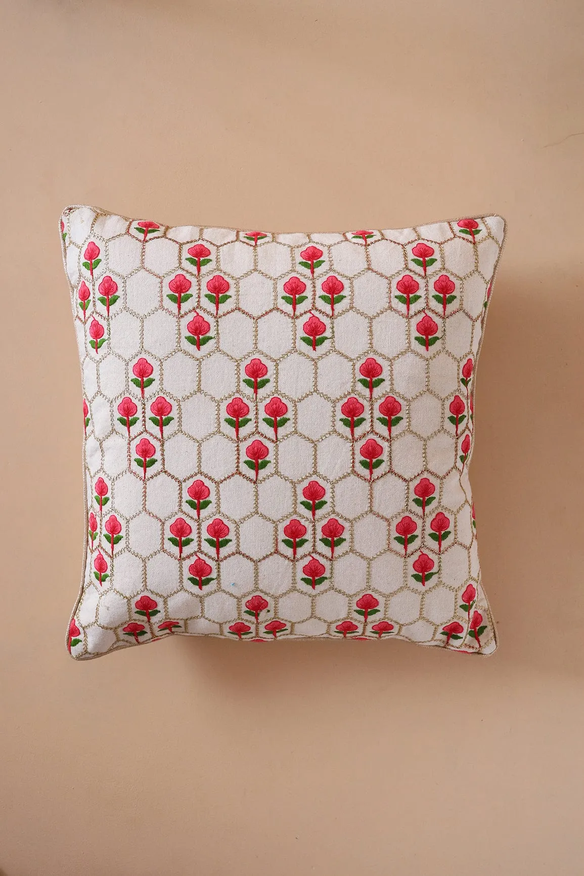 Floral Embroidery on off white cotton Cushion Cover (16*16 inches)