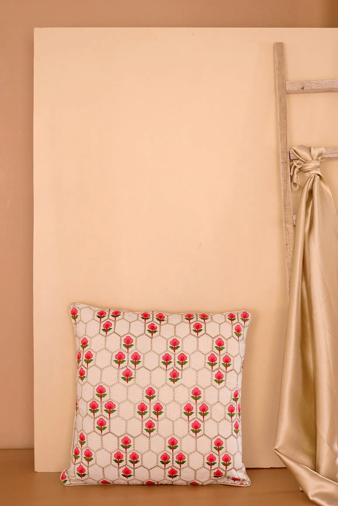 Floral Embroidery on off white cotton Cushion Cover (16*16 inches)