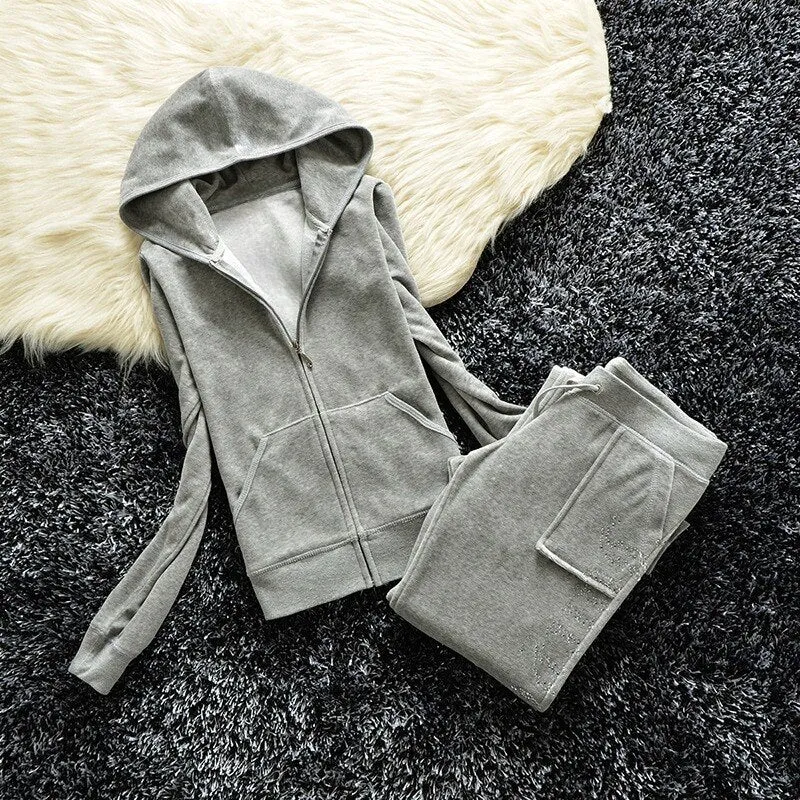 Getadme Juicy Tracksuit Set Women Velour Sweatshirt Sewing Suits Outfit Two Piece Set Outfit Hoodie Pant Suit Y2k juicy sewing set