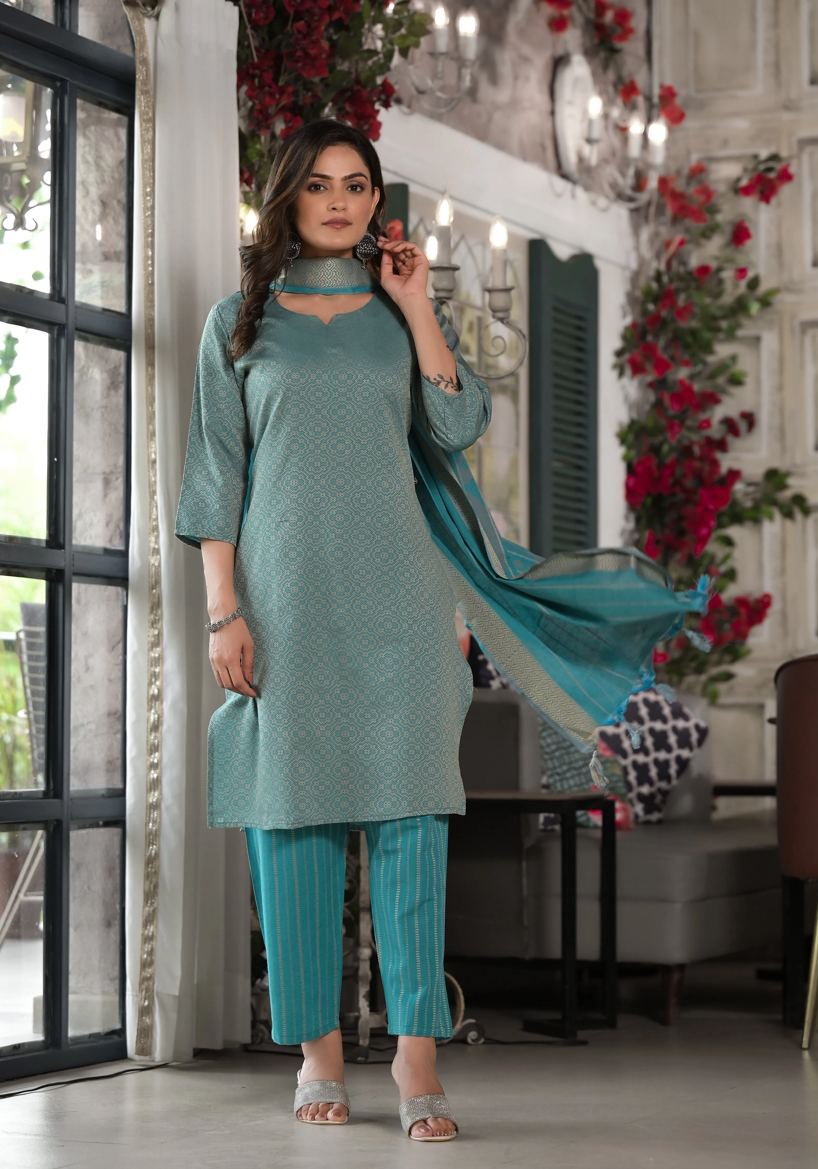 Juniper Sky Blue Geometric Printed Cotton Kurta, Pant With Tassels On Dupatta