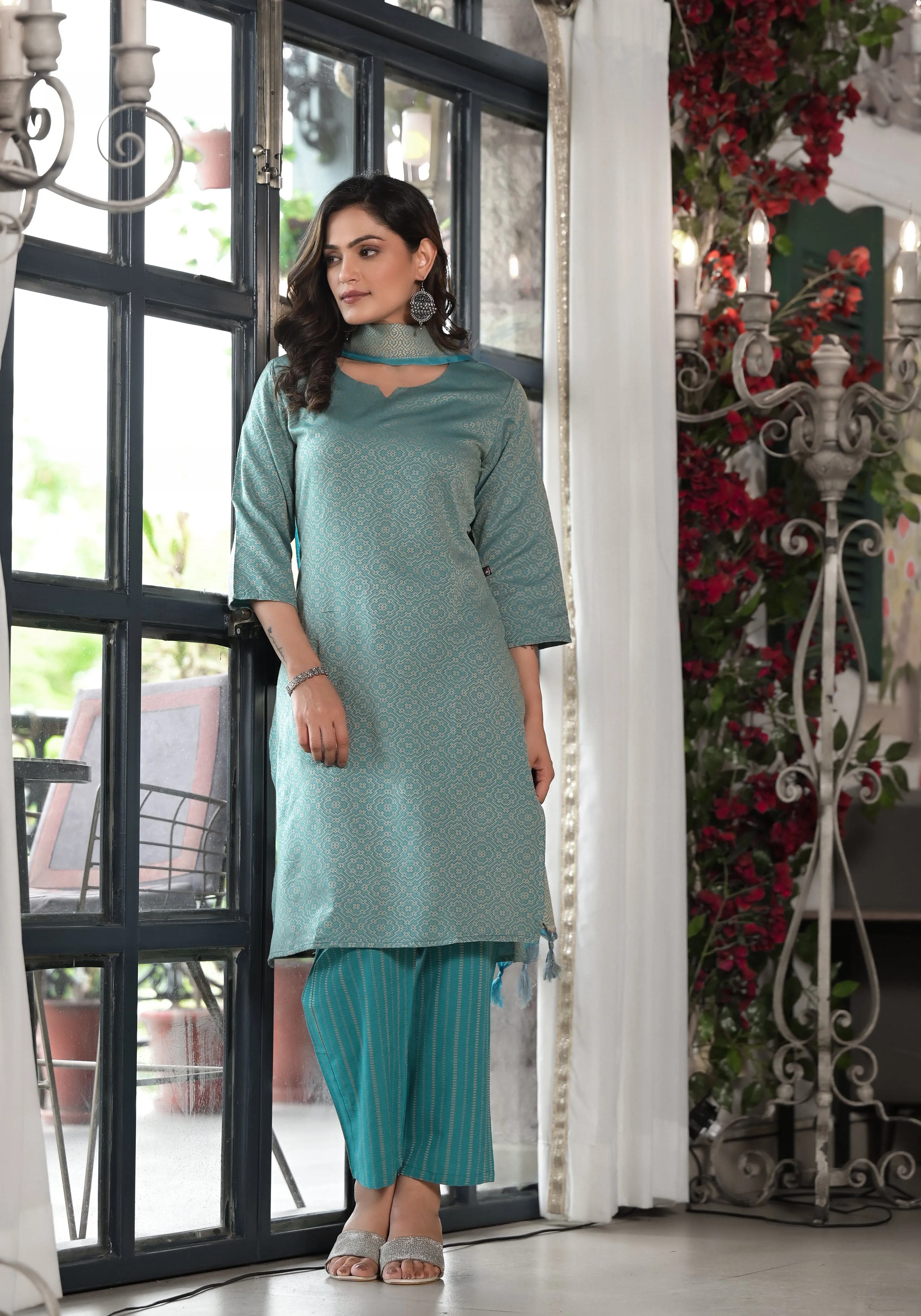 Juniper Sky Blue Geometric Printed Cotton Kurta, Pant With Tassels On Dupatta