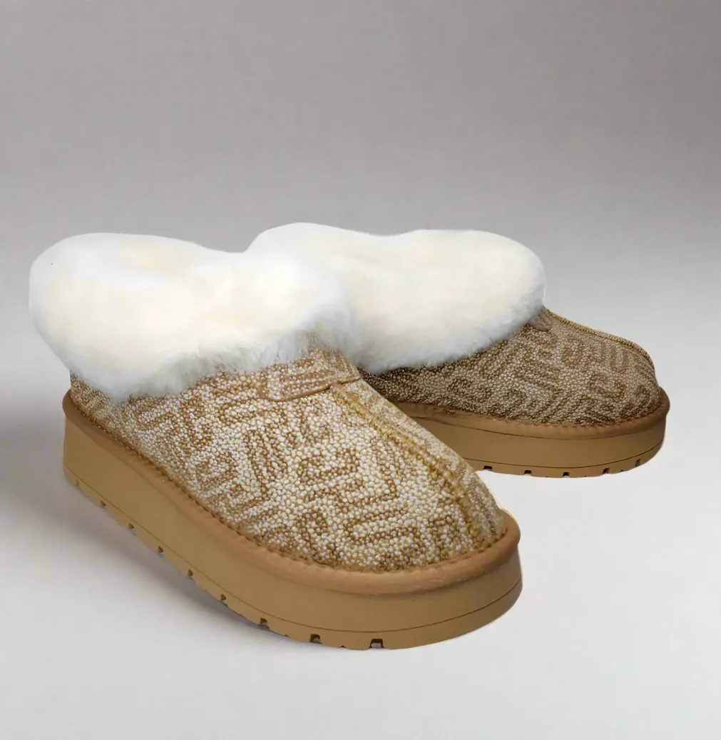 Ladies Yukon Bedroom Slippers/Shoes Ice Print Leather Shearling Kingston Warm