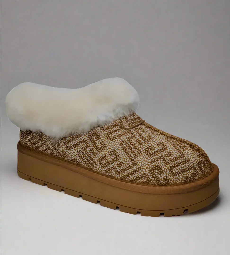 Ladies Yukon Bedroom Slippers/Shoes Ice Print Leather Shearling Kingston Warm