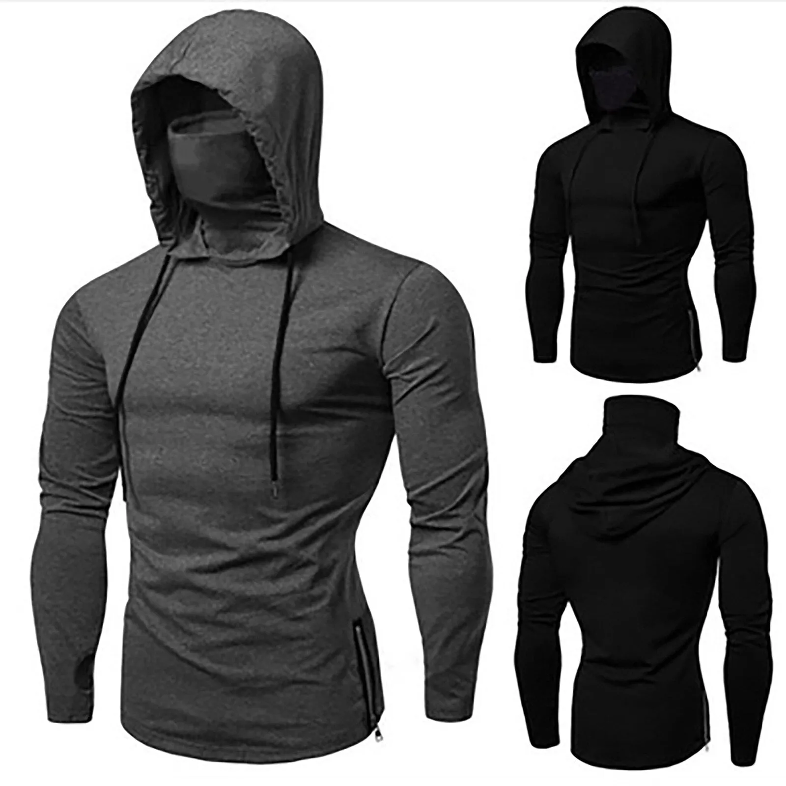 Mens Hoodie Gym Thin Long Sleeve Hoodies With Mask Sweatshirt Casual Splice Large Open-Forked Mask Hoodie Sweatshirt Hooded Tops