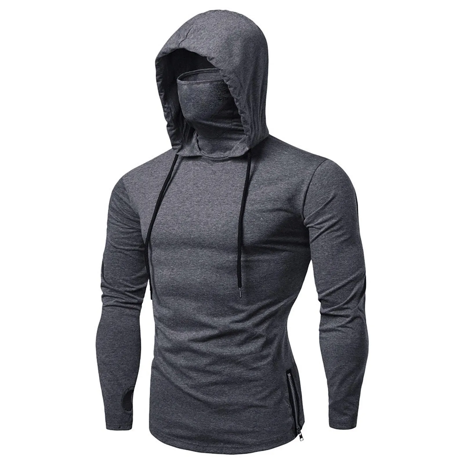 Mens Hoodie Gym Thin Long Sleeve Hoodies With Mask Sweatshirt Casual Splice Large Open-Forked Mask Hoodie Sweatshirt Hooded Tops