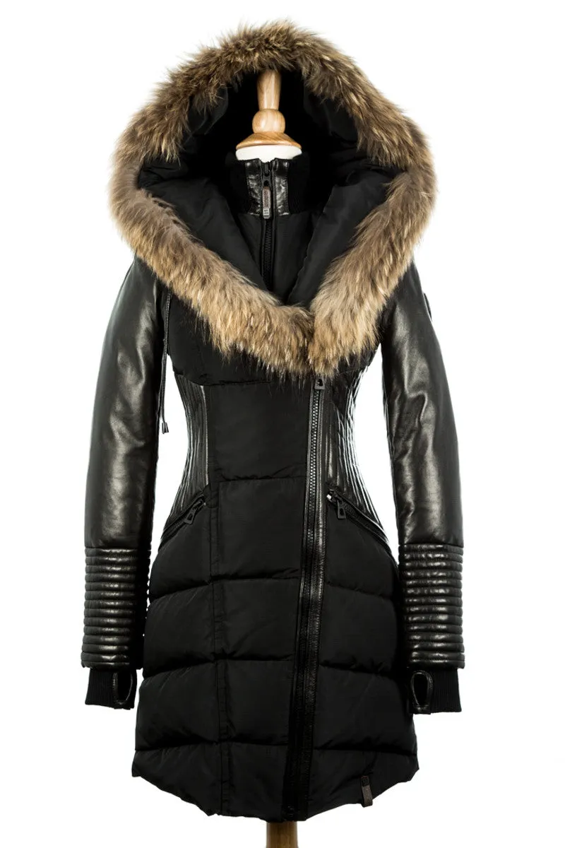 Shauna Leather Down Coat With Fur Trim