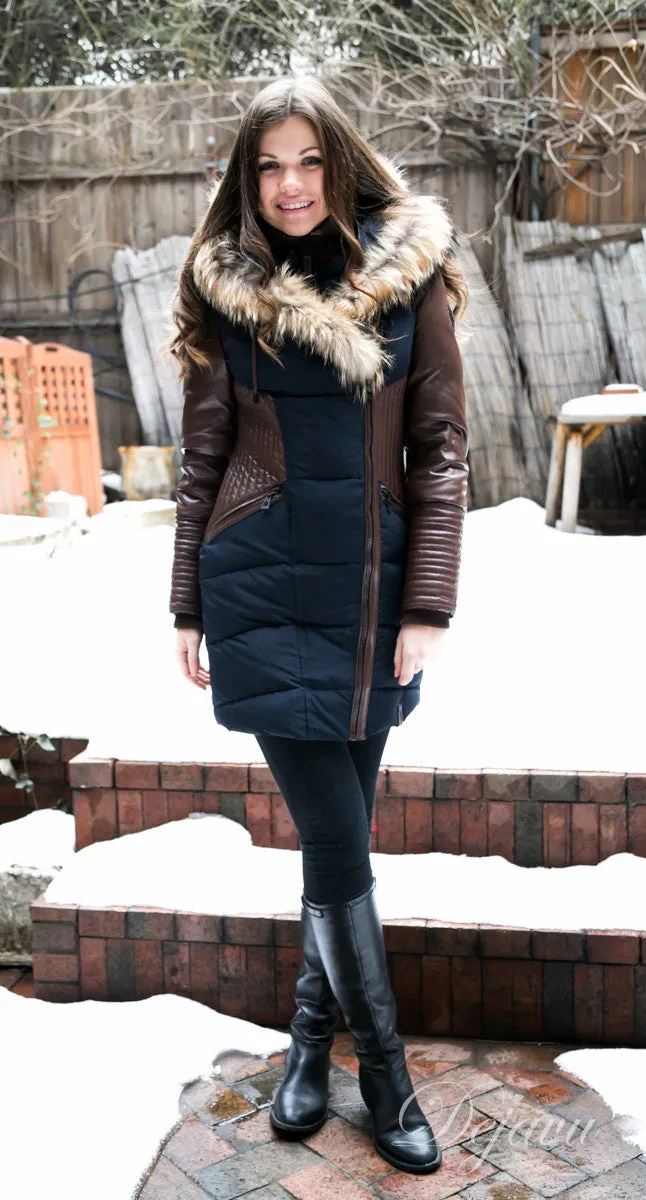 Shauna Leather Down Coat With Fur Trim