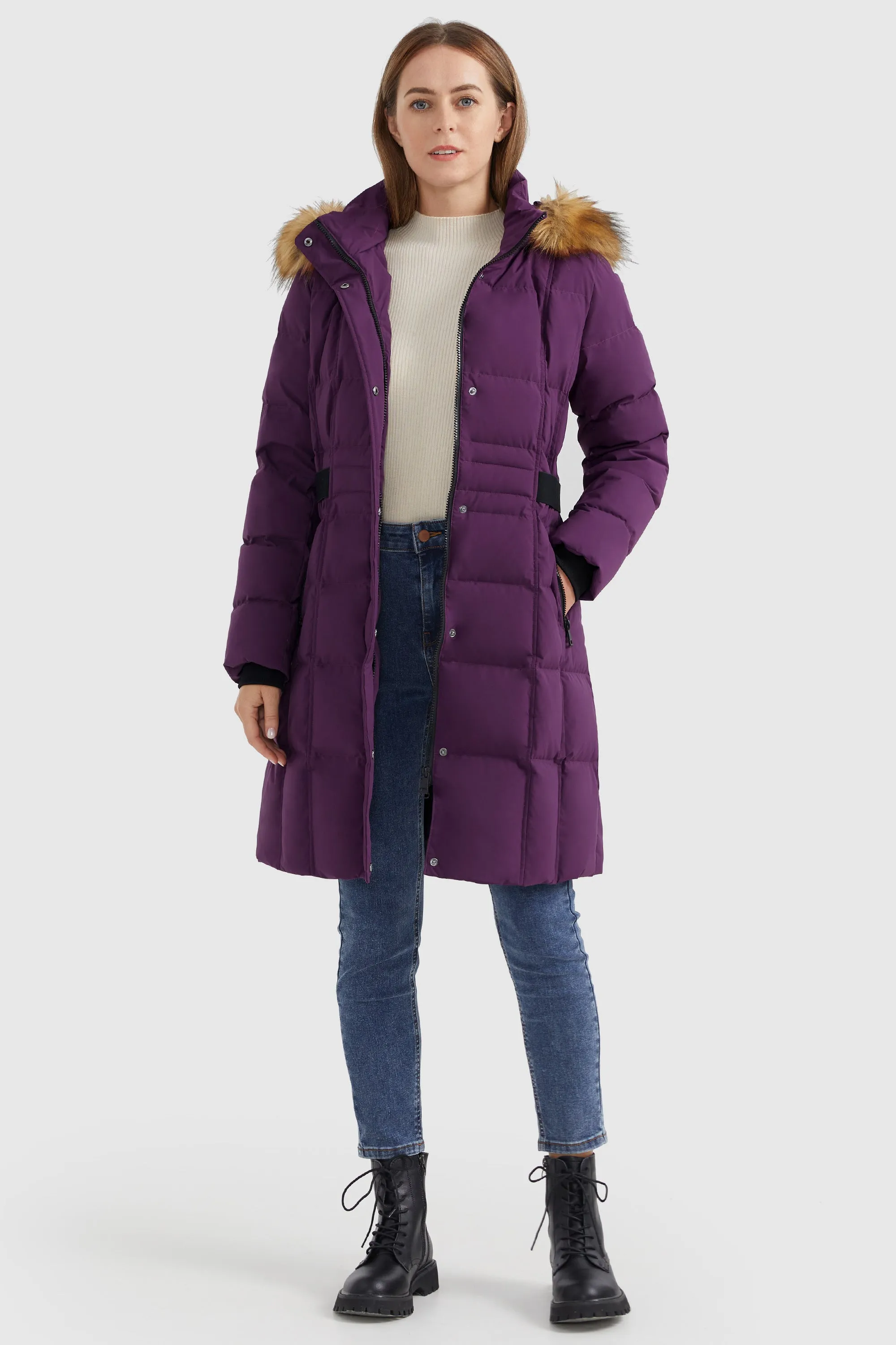 Solid Faux Fur Trim Hood Puffer Down Coat