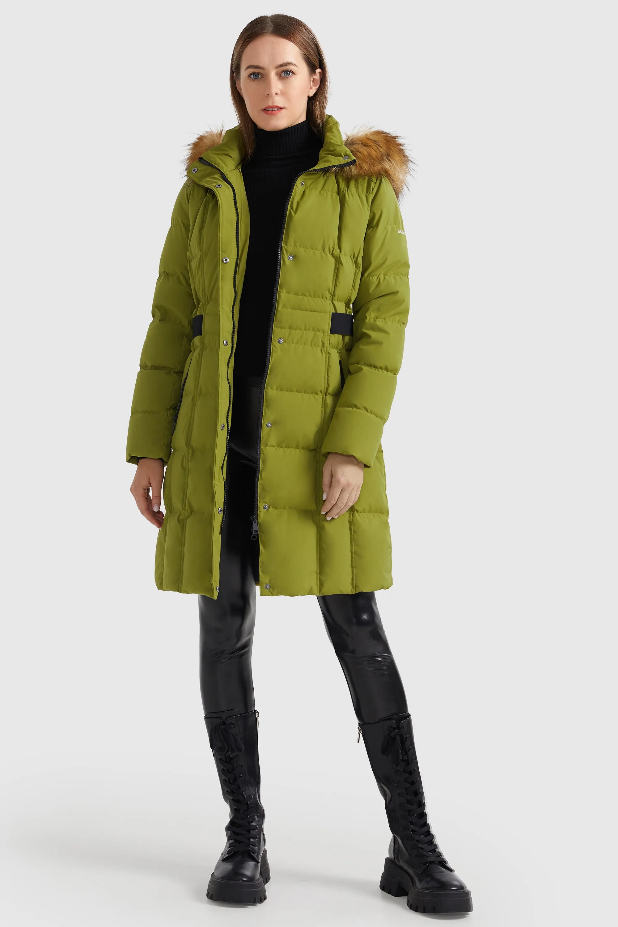 Solid Faux Fur Trim Hood Puffer Down Coat