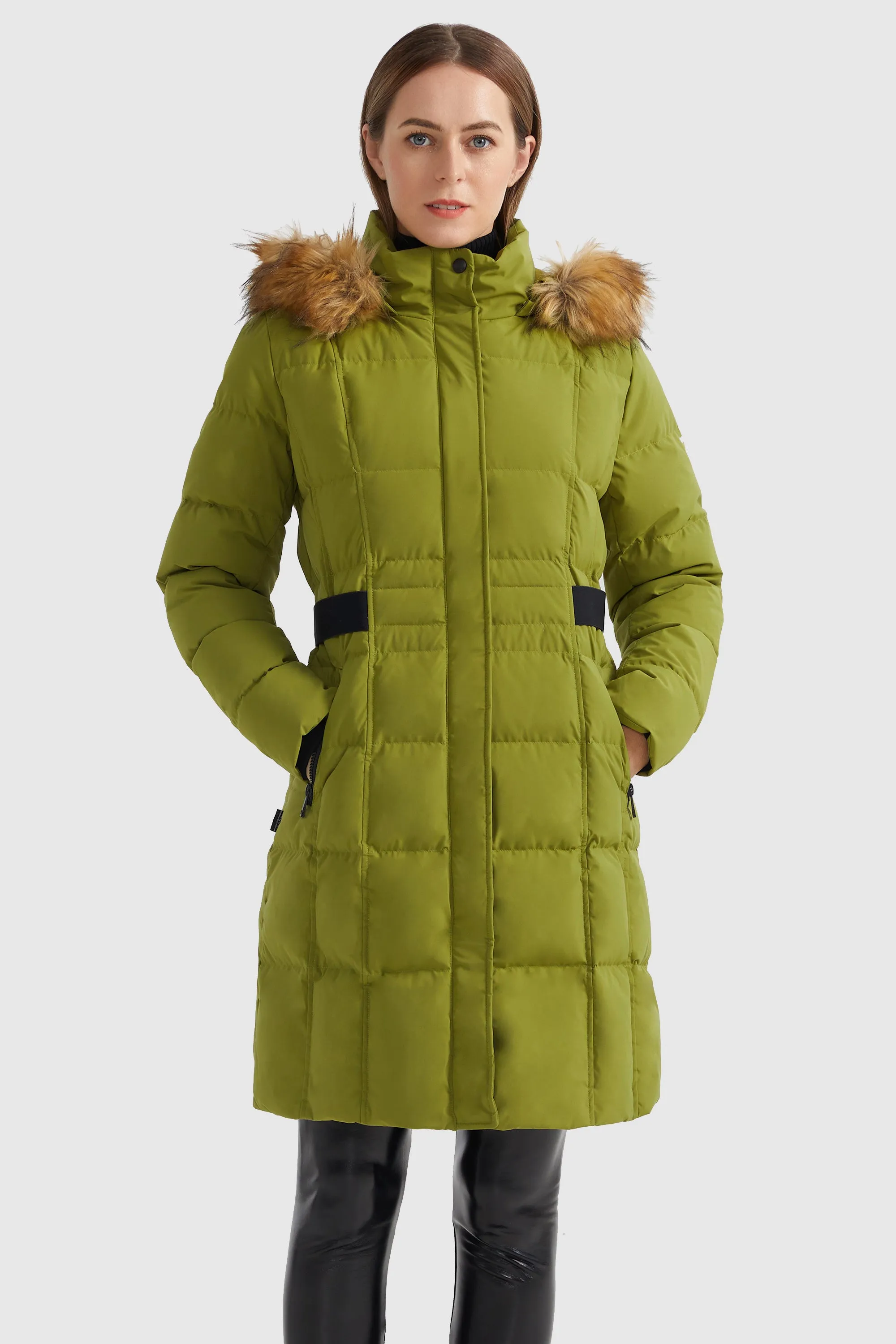 Solid Faux Fur Trim Hood Puffer Down Coat