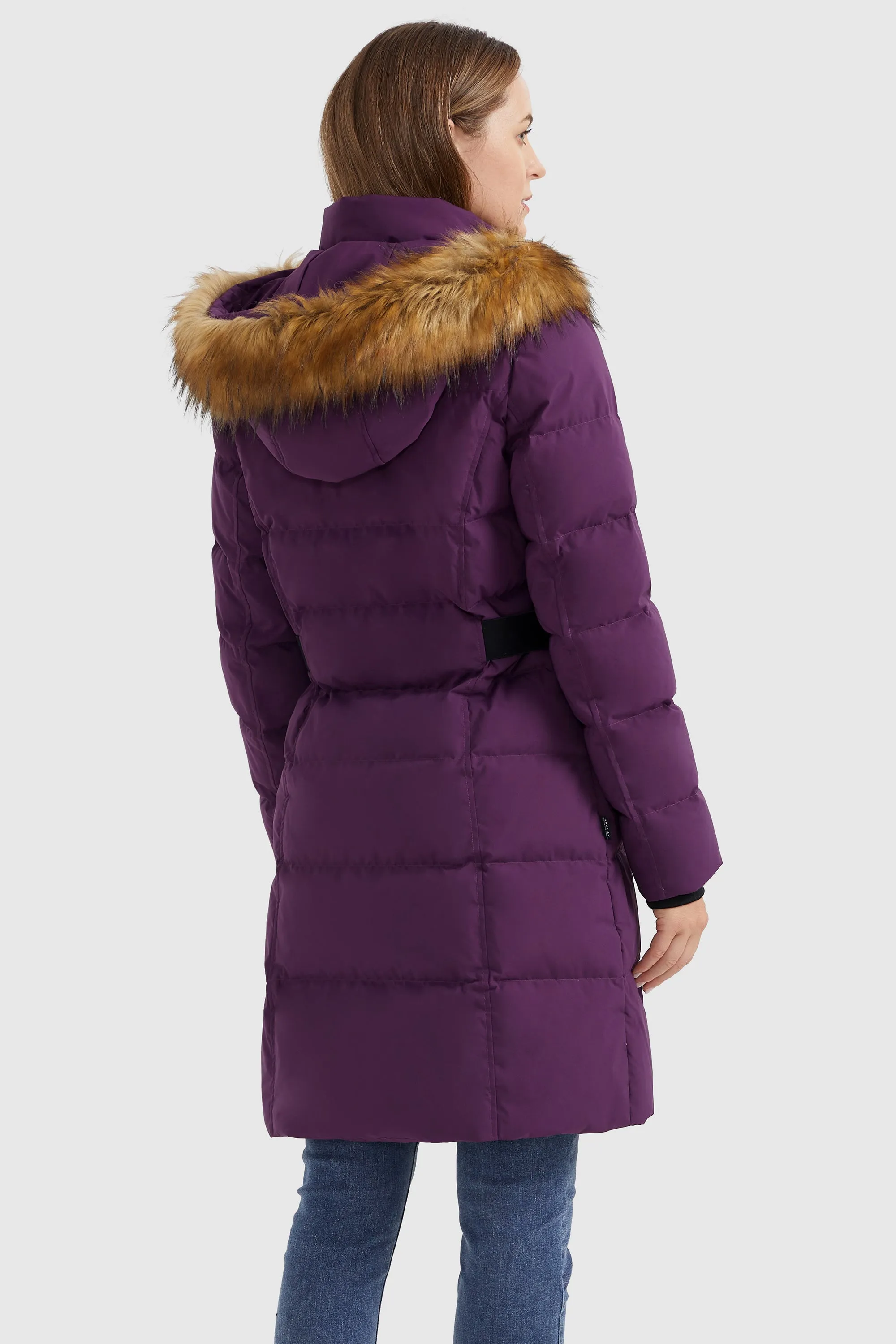 Solid Faux Fur Trim Hood Puffer Down Coat