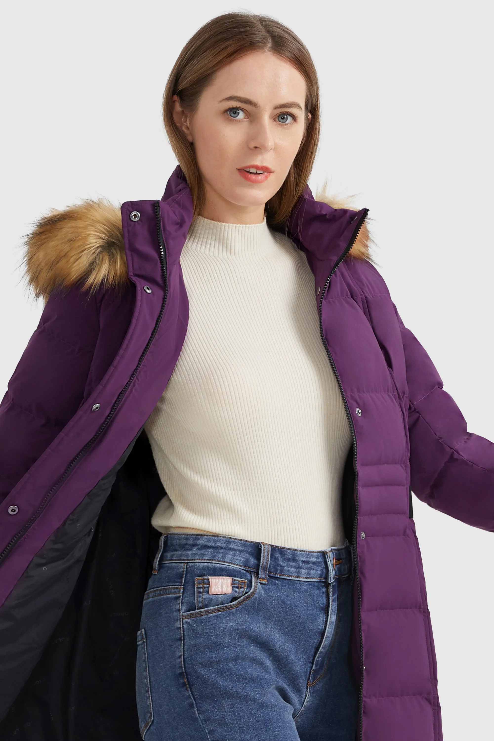 Solid Faux Fur Trim Hood Puffer Down Coat