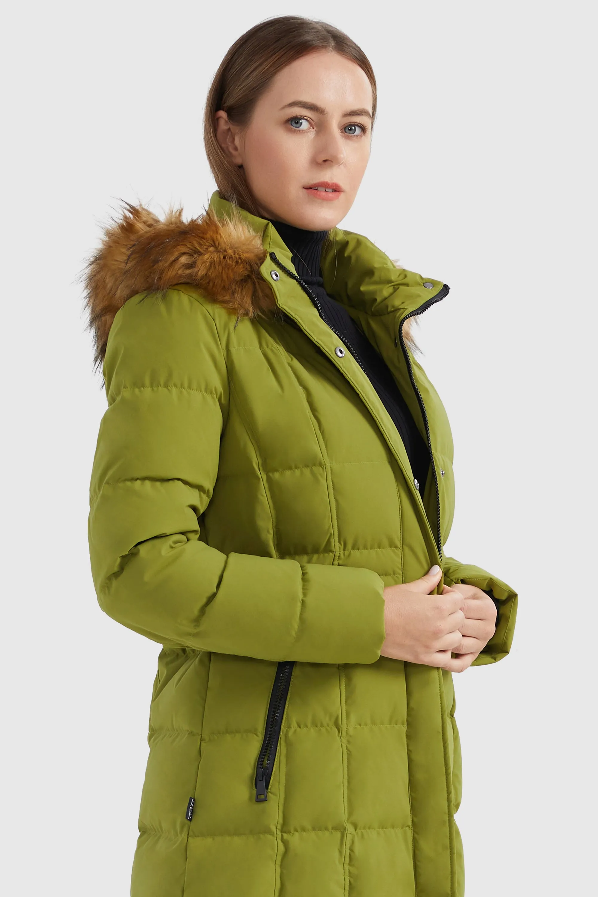 Solid Faux Fur Trim Hood Puffer Down Coat