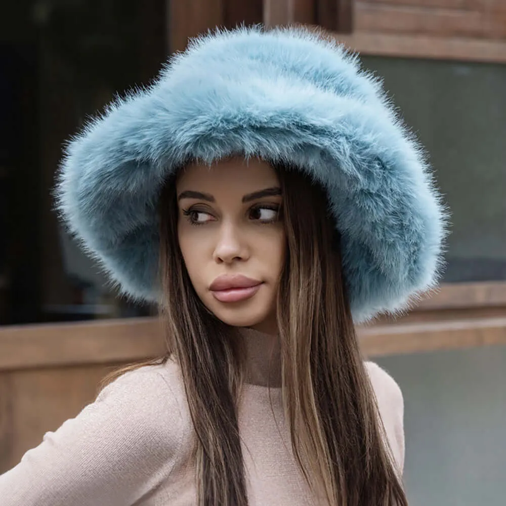 Teal Winter Fluffy Faux Fur Bucket Hat