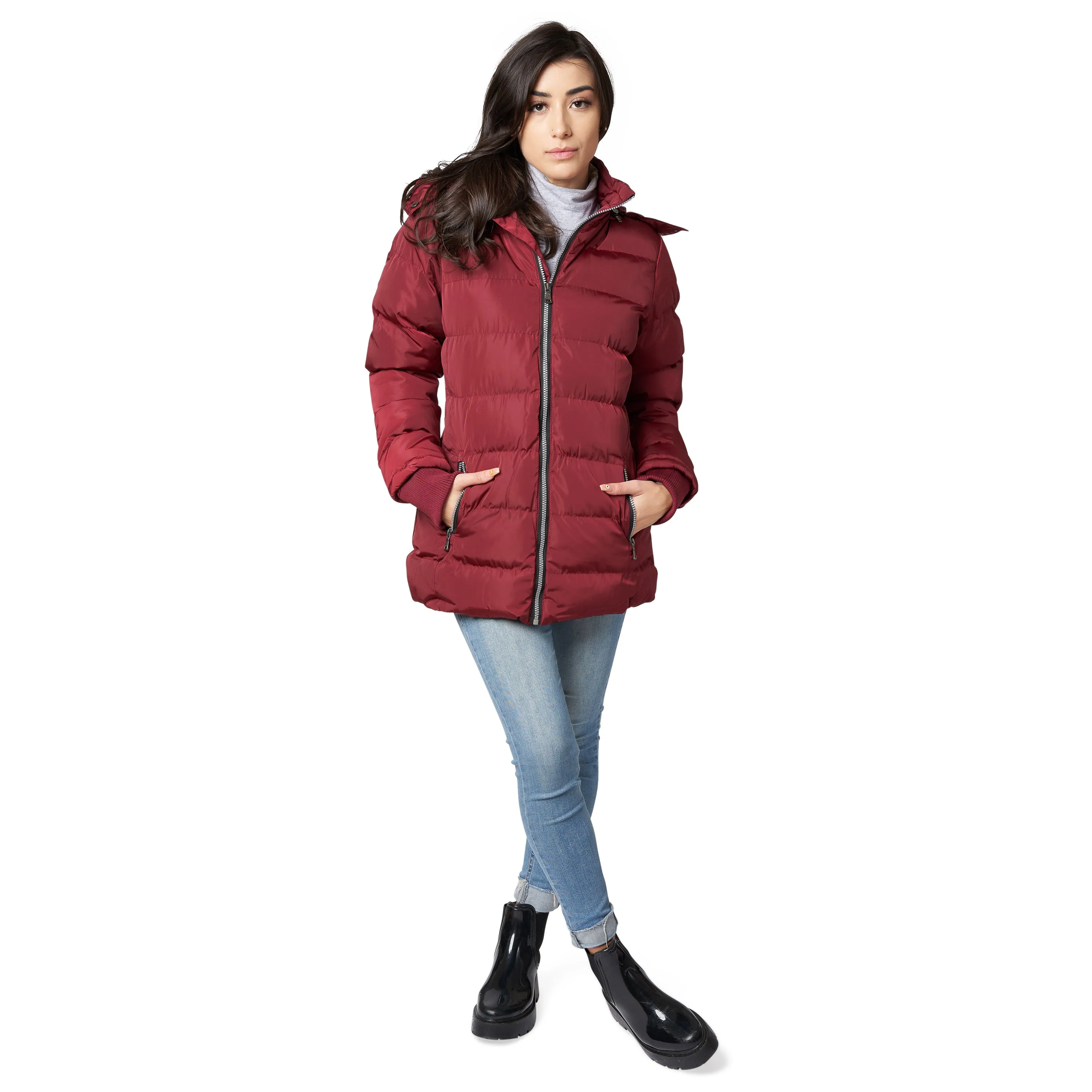 THE WHOLE SHEBANG Women Coat Vegan Down Puffer with Faux-Fur Detachable Hood