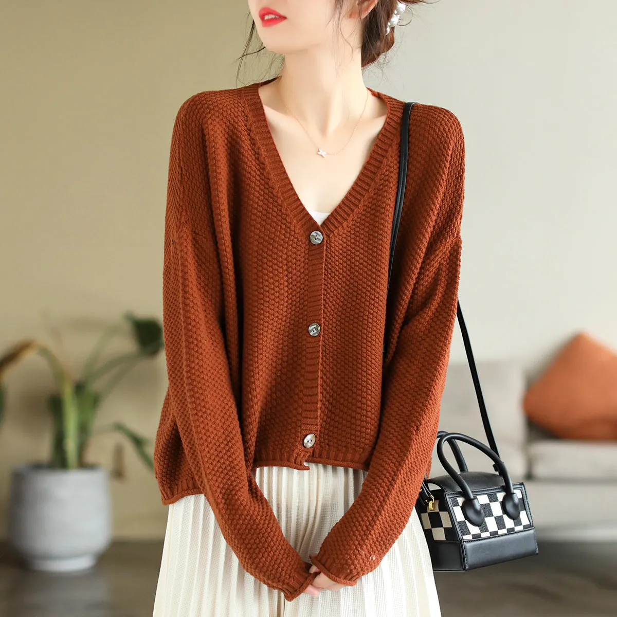 Women Autumn V-Neck Cotton Knitted Cardigan