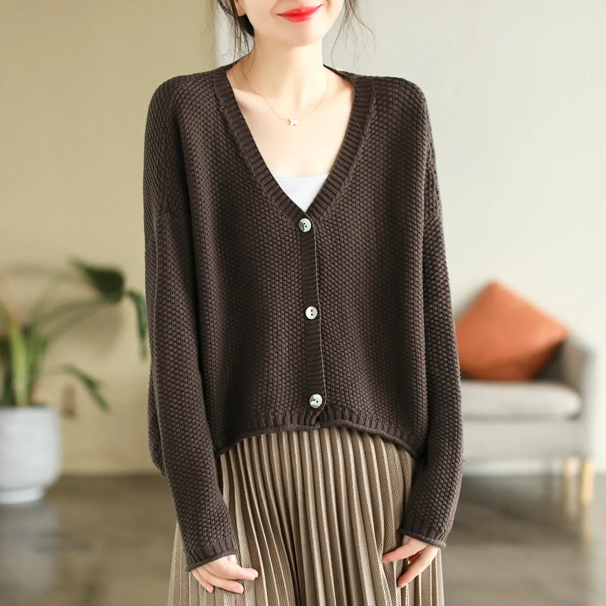 Women Autumn V-Neck Cotton Knitted Cardigan