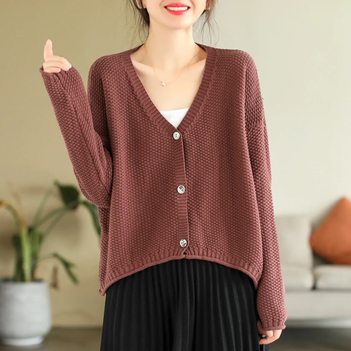 Women Autumn V-Neck Cotton Knitted Cardigan