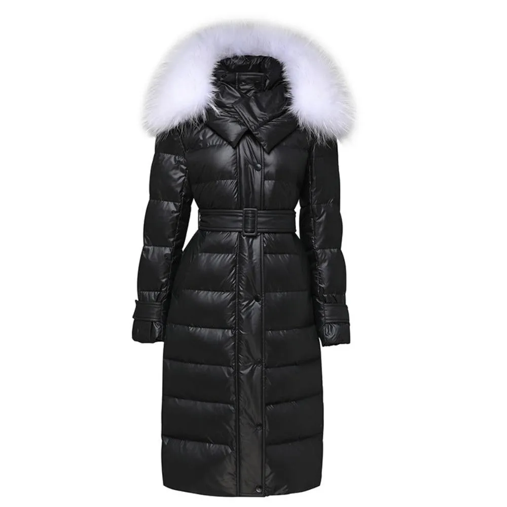 Womens Faux-Fur Hood Long Puffer Coat 900 Fill Down Jacket Black