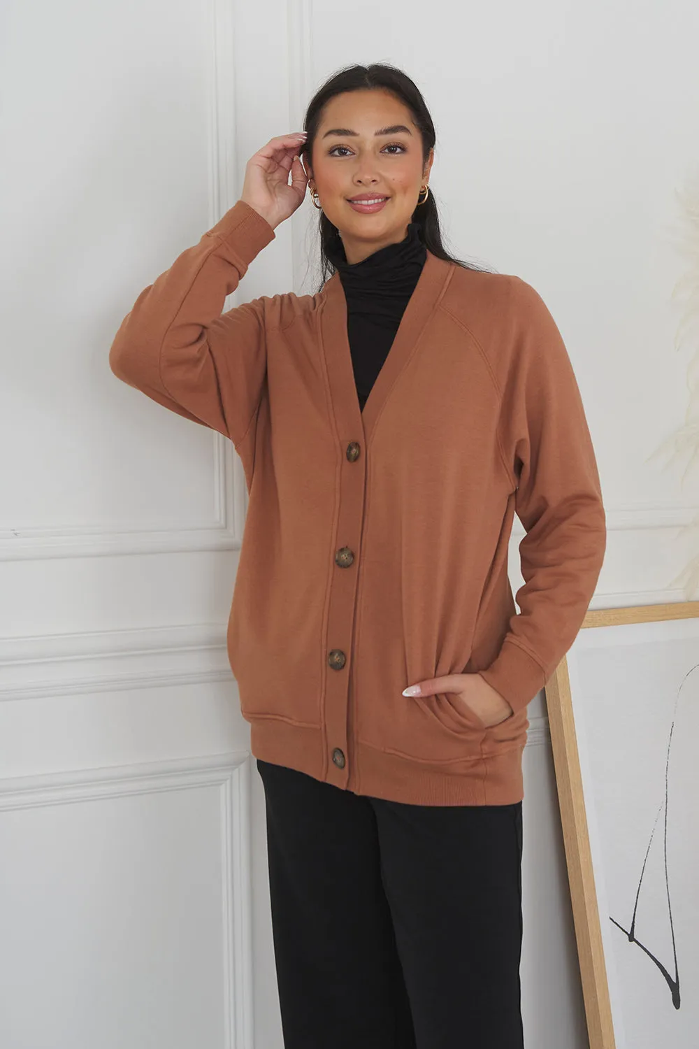 Yasmine Button-Front Bamboo Cardigan - Warm Brown